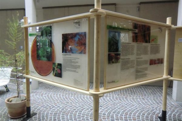 Holzkonstruktion mit Acrylglasscheiben beschriftet